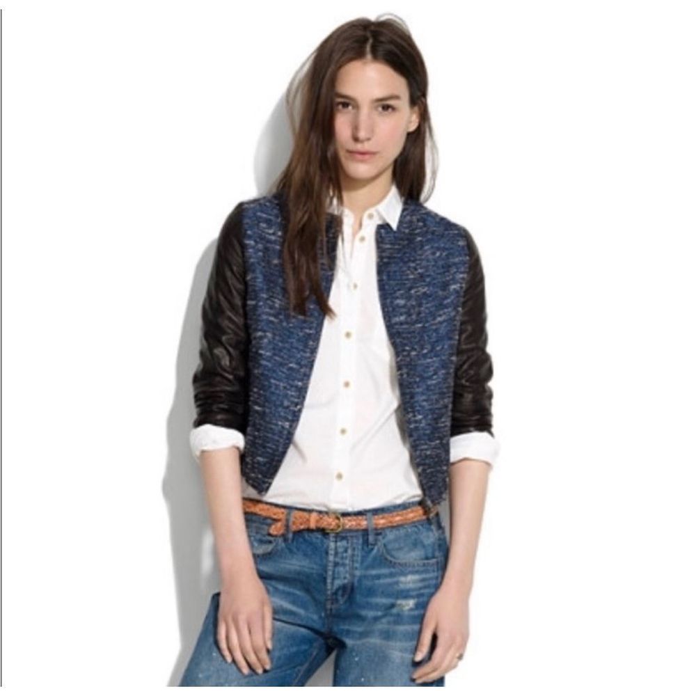 Madewell size large woven bomber jacket with leather sleeves
